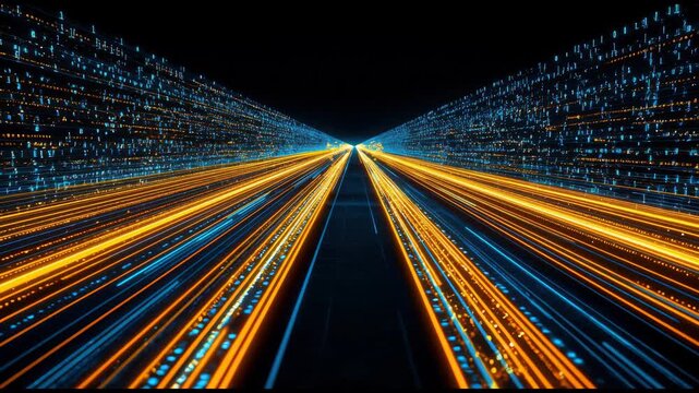 Seamless loop quantum data highway animation, real-time AI computation and enterprise processing.