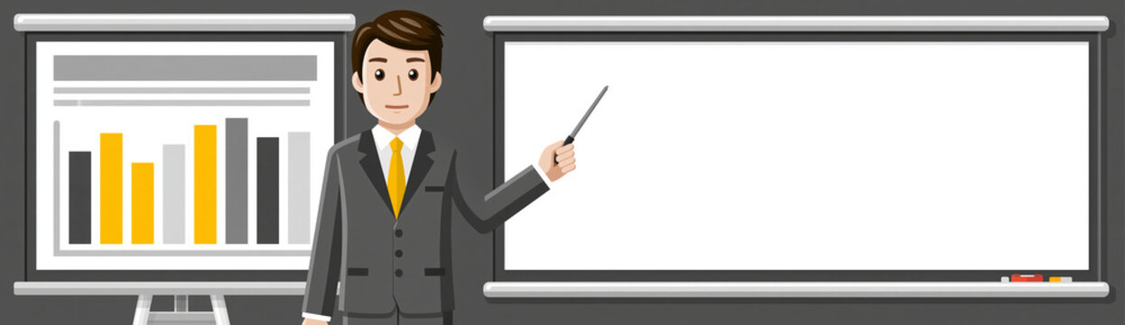 A business professional points to a presentation slide displaying the benefits and drawbacks of passive investing, with a large blank area on the side for additional text or images.