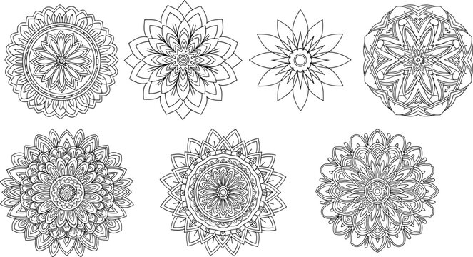 Floral mandala vector pattern set with intricate circular geometric line art for adult coloring book pages print and decorative design projects