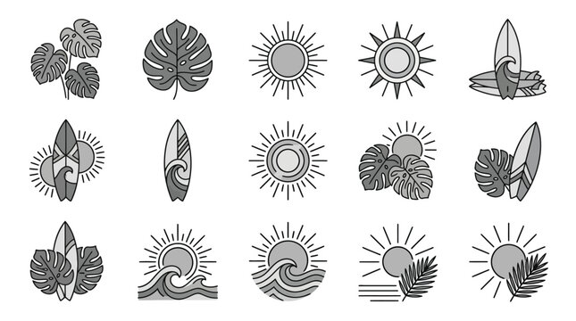Circular tropical sun and surfboard emblems.
