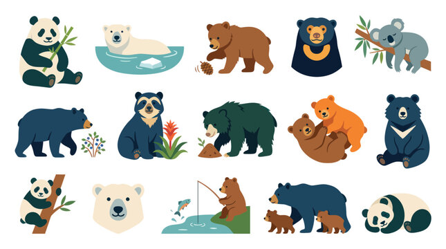 Cute Cartoon Bear Collection: Pandas, Polar, Brown Bears, Flat Vector Art