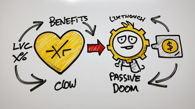 A side-by-side comparison of the benefits and drawbacks of passive investing is shown on a large whiteboard, leaving plenty of blank space around for further annotations or information.