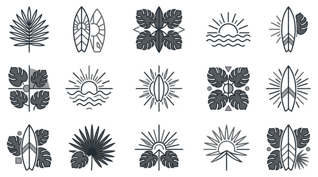 Symmetrical tropical logo elements and surfboard crest icons