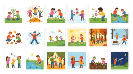 Fototapeta premium Flat Vector Illustration Set: Kids and Children Engaging in Diverse Seasonal Outdoor Activities and Education
