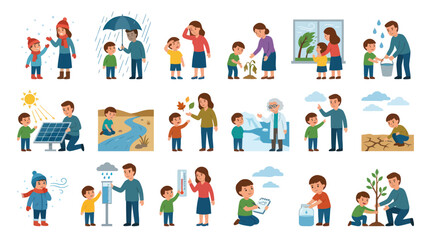 Fototapeta premium Environmental Education Flat Vector Illustration Set: Kids Learning Weather, Nature, and Sustainability Concepts