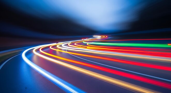 A dynamic abstract image of colorful light trails on a dark road