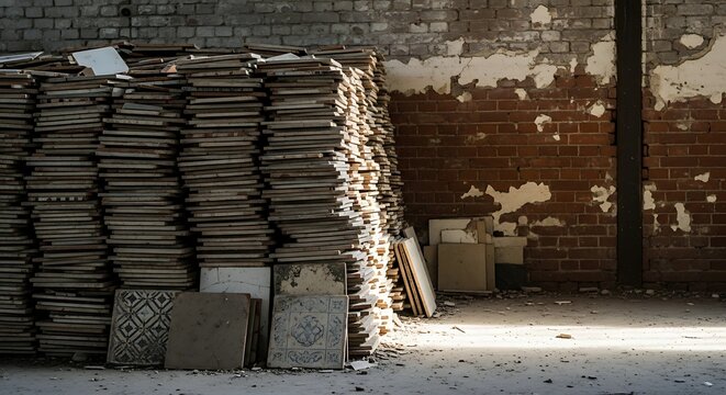 A dimly lit room with stacked tiles against a worn brick wall