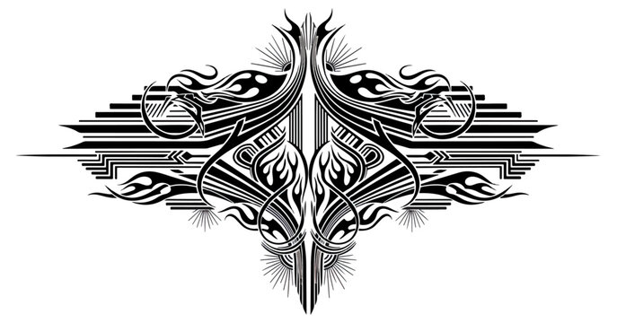 Abstract symmetrical digital pattern with metallic and glowing elements on black background