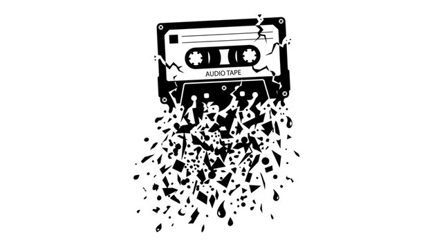 Black and white cassette tape exploding.