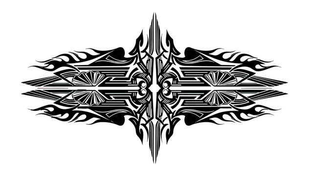 Abstract symmetrical rorschach inkblot design with geometric elements on black background