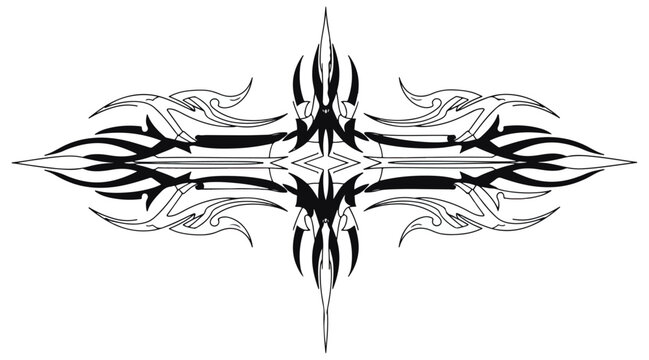 Abstract tribal flame design symmetrical white pattern on black background for tattoo or decorative art