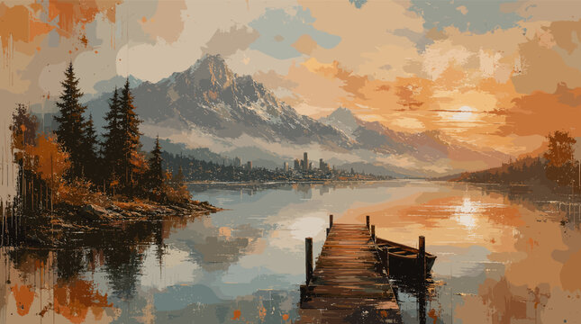 Impressionistic painting of a tranquil lake scene at sunset with mountains, pine trees, a wooden dock, and a small boat reflecting in the calm water.