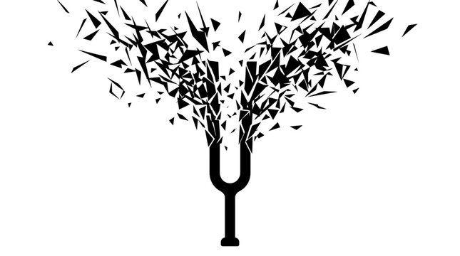 Black tuning fork with shattering pieces.