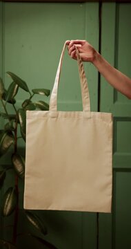 Blank cotton tote bag mockup held by hand against green door