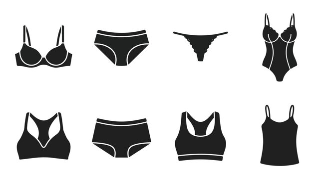 Lingerie and underwear icon set, 8 black vector silhouettes of female intimate apparel, sports bra and panties collection for fashion retail isolated PNG with Transparent Background