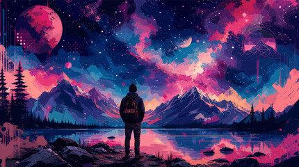 A lone figure stands by a serene lake, gazing at a breathtaking, vibrant cosmic sky filled with colorful nebulae, distant planets, and majestic mountains under a large pink moon. © blu