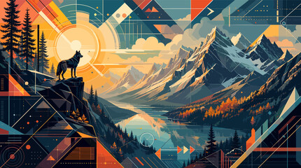 A majestic wolf stands on a rocky peak overlooking a serene mountain lake, rendered in a vibrant abstract geometric art style with a warm sun. © blu