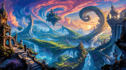 A breathtaking fantasy landscape featuring floating islands, majestic castles, cascading waterfalls, and vibrant swirling skies at sunset, creating a magical and surreal realm. © blu
