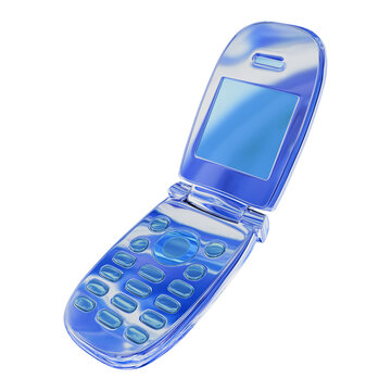 Blue chrome effect vintage cell phone or flip phone cutout. 3d element old school mobile device with keypad, y2k retro cybercore nostalgia technology.
