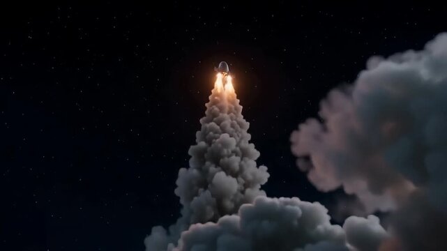 Space rocket launch from a launchpad in a spectacular night sky