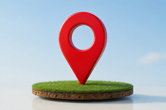 3D Red Location Marker on Green Grass Platform