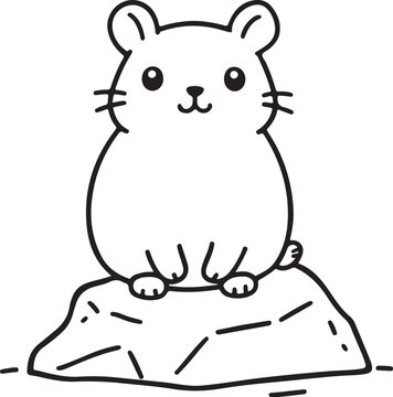 Cute Cartoon Pika Sitting on Rock Front View Line Art Vector Illustration