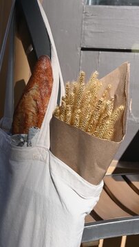Fresh Baguette and Dried Wheat in White Canvas Tote Bag Mockup