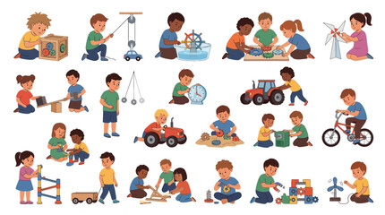 Fototapeta premium Children playing with science and engineering toys, flat vector illustration