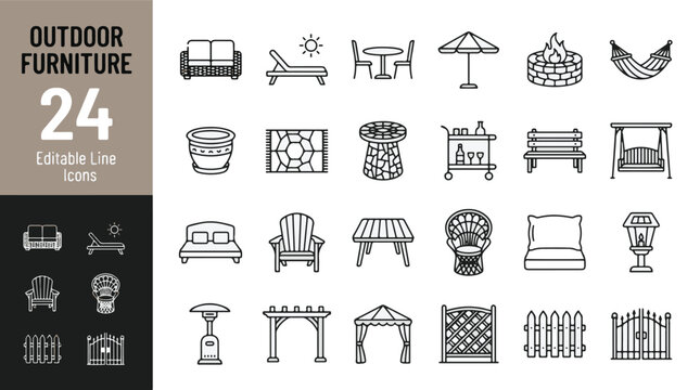 Outdoor furniture and patio decor web icons in line style. Backyard, garden, deck, and terrace furniture collection. Professional outline icon set. Editable stroke vector illustration for web apps.