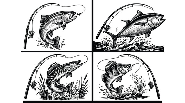 Detailed black and white vector illustration collection featuring various jumping fish caught on fishing rods