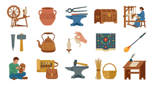 Vintage Craftsmanship: Traditional Tools and Handmade Objects Vector Icons