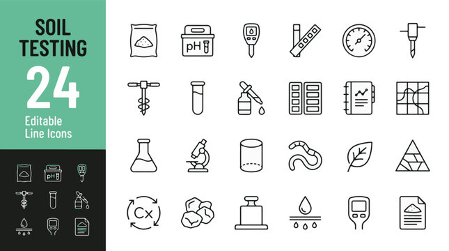 Soil testing and agriculture analysis web icons in line style. pH meter, auger, test tube, microscope, and agronomy collection. Professional outline icon set. Editable stroke vector illustration.