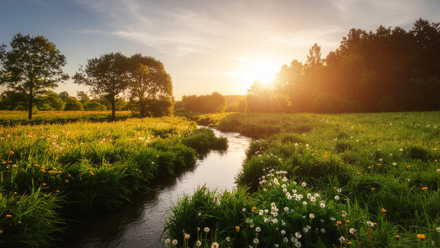 Serene winding stream flowing through a green meadow with spring flowers at sunset