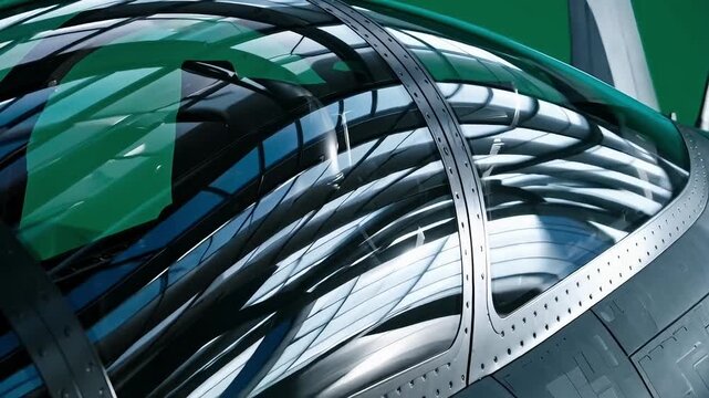 Close-up of a sleek, modern airplane cockpit with a glass dome and metallic frame on green background