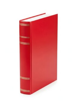 Red leather bound book with gold stripes