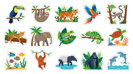 Fototapeta premium Cute Jungle Animals Sticker Set - Toucan, Sloth, Tiger, Monkey, Leopard, Elephant, Frog, Chameleon, Turtle, Orangutan, Tapir, Gorilla, Dolphins