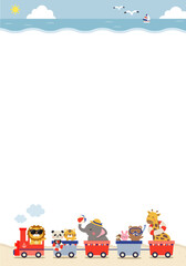 Fototapeta premium 【ベクター】動物汽車の夏イラスト（縦長・コピースペース・マリンカラー・手描き販促素材）