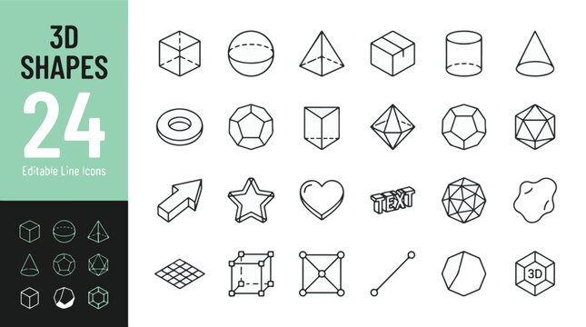 3D geometric shapes line icon set. Collection of 24 editable stroke vector illustrations including cube, sphere, cylinder, cone, pyramid, torus, star, heart, and complex polyhedrons for web design.