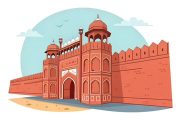 Fototapeta premium Agra Fort red sandstone walls with arched gates, modern illustration vector style, clean flat design, vibrant colors