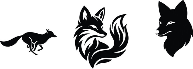 Fototapeta premium Set of Artistic Fox Icons and Silhouettes Featuring Running, Sitting, and Portrait Poses for Wildlife, Nature, Animal, and Graphic Design Branding Projects