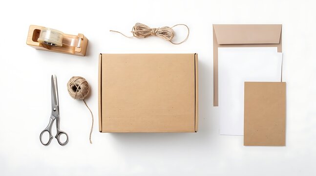 Flat lay of cardboard boxes and packing supplies on white background.