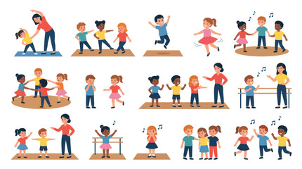 Fototapeta premium Children dancing and exercising with teacher, flat cartoon style
