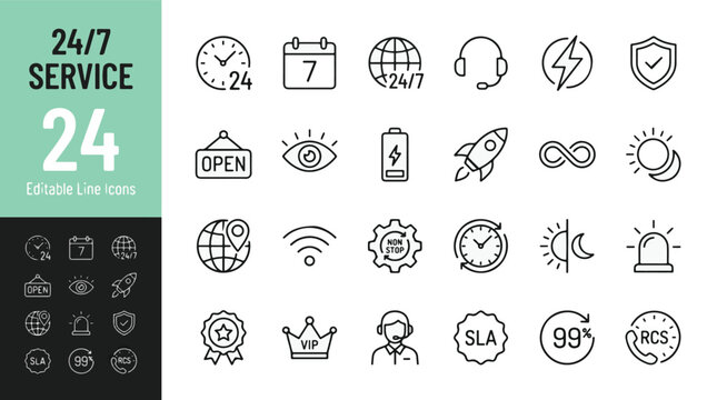 24/7 customer service and support web icons in line style. Call center, help desk, technical assistance, non-stop availability, and reliability collection. Professional outline icon set. Editable stro