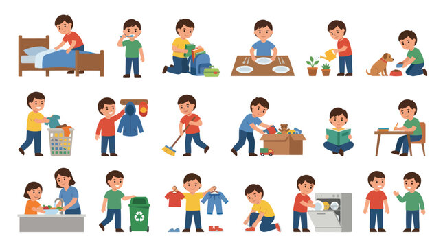 Children's Daily Chores and Responsibilities Flat Vector Illustration Set for Education and Family Lifestyle