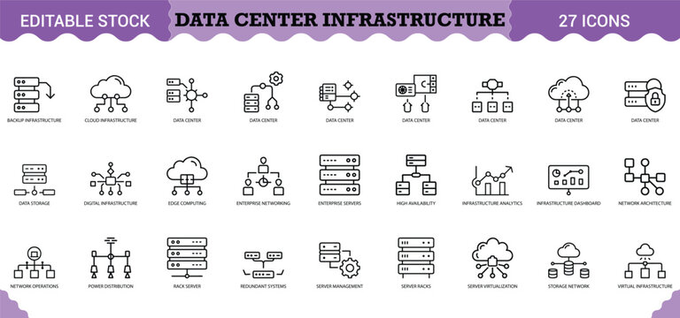 PrintData Center Infrastructure Icon Set - 27 Editable Vector Icons for IT Infrastructure & Cloud Services. Features server racks, cloud infrastructure, data storage, network architecture, enterprise 