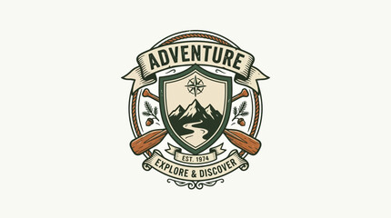 Naklejka premium Adventure Explore Discover Emblem with Mountains, River, Paddles, Compass and Pine Branches