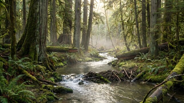 Forest stream flowing through a lush temperate rainforest with tall mossy trees and soft morning sunlight filtering through mist