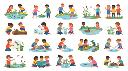 Fototapeta premium Children learning about nature, wildlife, and pond life in colorful flat illustration style