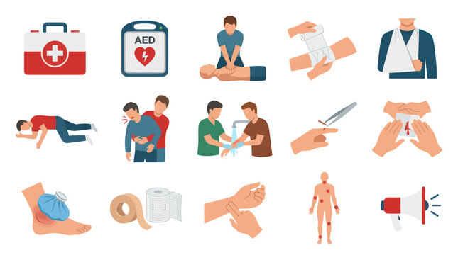 Medical First Aid Emergency Help Vector Icons Set. Flat Healthcare Rescue and Safety Illustrations.