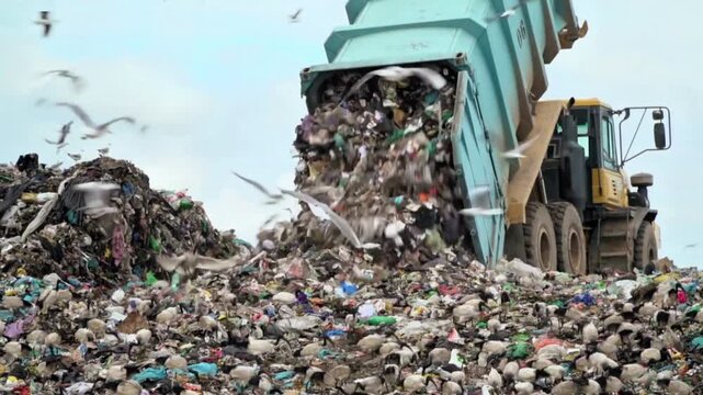 Waste management truck dumping household trash at landfill site